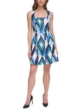 Vince Camuto Blue, Teal & White Geometric Sleeveless A-Line Dress